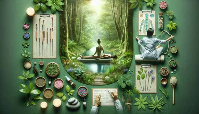 Holistic therapy session in forest using acupuncture, massage, and herbs for chronic fatigue relief.