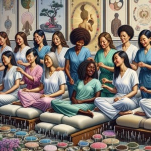 Diverse women receiving acupuncture, symbols of hope and relief from menstrual pain.