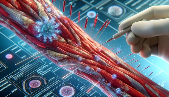Acupuncture needles placed around inflamed tendons, reducing redness and swelling, providing relief.