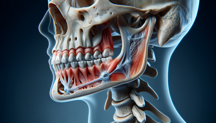 Anatomical view of jaw joint showing inflammation, muscle tension, and stress-induced teeth grinding causing pain and clicking.