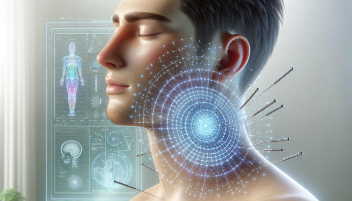 Acupuncture needles around jaw alleviating TMJ pain, serene face, calming energy flow visualized.