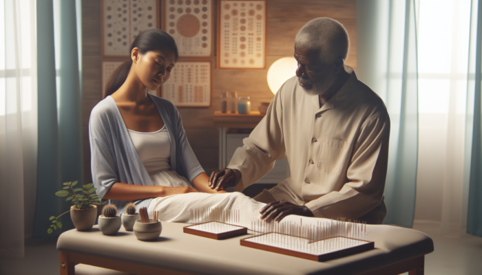 Acupuncture session promoting relaxation and well-being, patient at peace.