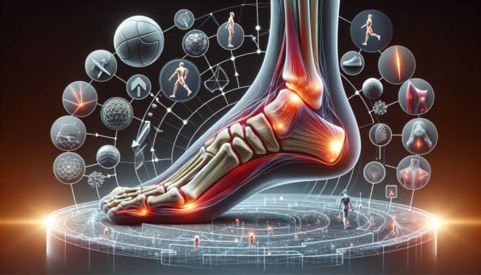 Anatomical illustration of foot with inflamed plantar fascia, highlighting heel and arch, surrounded by related risk factors.