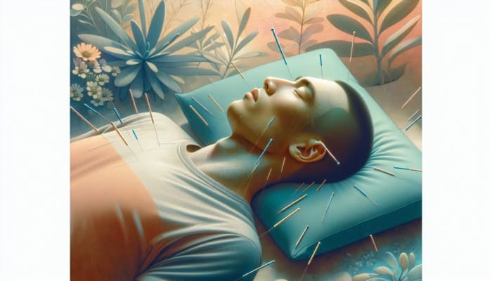 Patient lying down with acupuncture needles, experiencing relaxation and mild pressure in a calm environment.