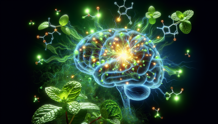 How Peppermint Refreshes The Mind: A brain illuminated by green peppermint leaves, with serotonin and dopamine molecules, symbolizing cognitive enhancement.