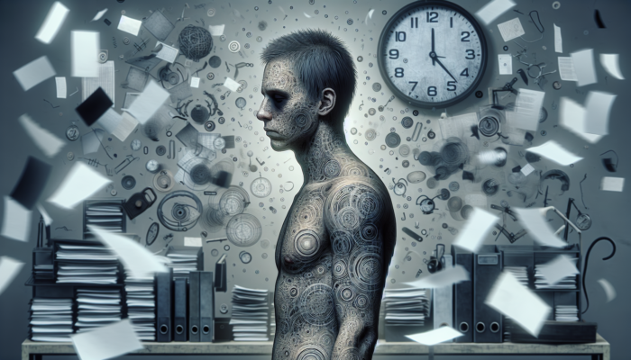 Person surrounded by stress symbols, showing strain, fatigue, and emerging health issues.