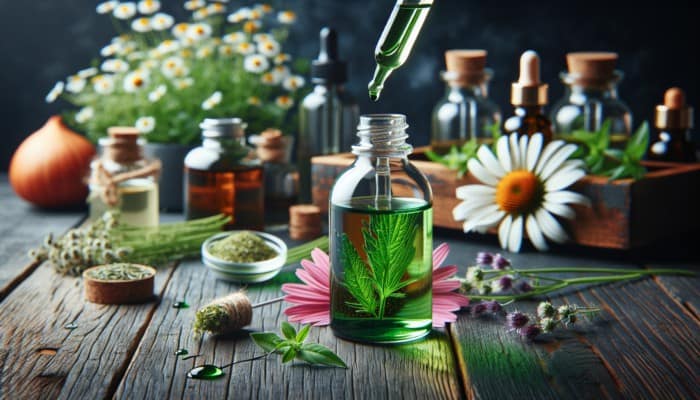 A glass bottle of green herbal tincture with echinacea and chamomile, dropper releasing drops on a wooden table.