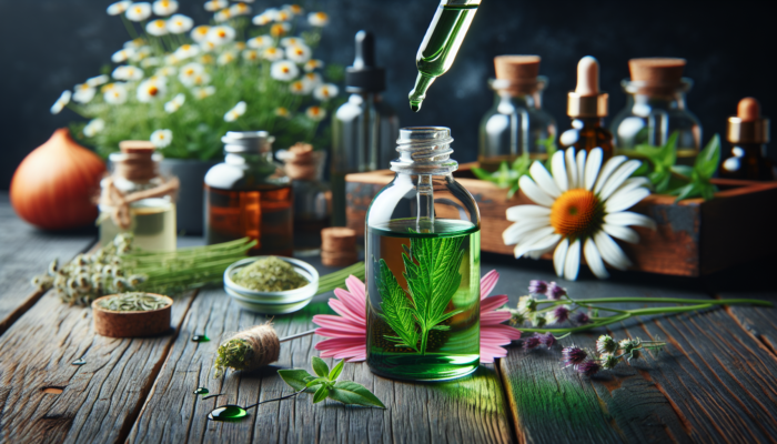 A glass bottle of green herbal tincture with echinacea and chamomile, dropper releasing drops on a wooden table.