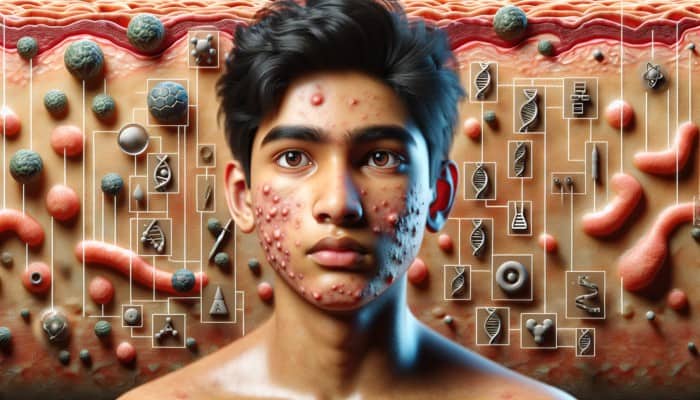 A teenager with acne, surrounded by hormonal and genetic symbols, with a backdrop of clogged pores and oil.