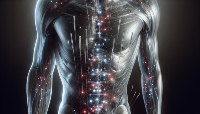 Acupuncture for Immune System Enhancement: Anatomical diagram of acupuncture points stimulating T-cells, natural killer cells, and blood circulation.