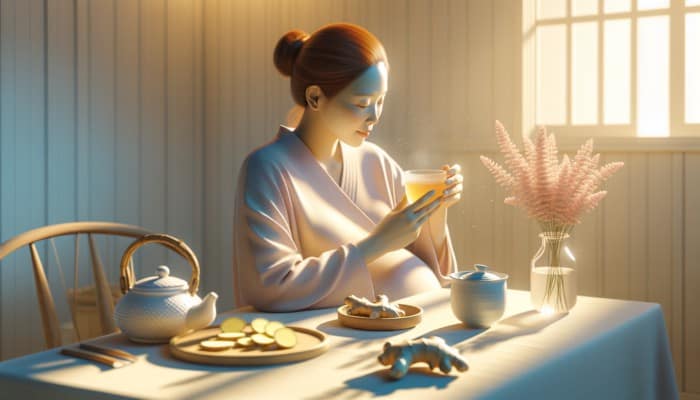 Herbs for Pregnant Women: Pregnant woman sipping ginger tea, fresh slices on table, serene morning light, pastel colors, symbolizing nausea relief.