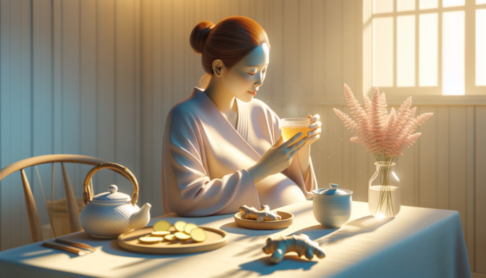 Herbs for Pregnant Women: Pregnant woman sipping ginger tea, fresh slices on table, serene morning light, pastel colors, symbolizing nausea relief.
