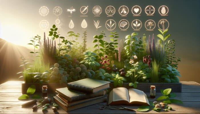 A serene garden with labeled medicinal herbs, ancient and modern books on herbal medicine, under sunlight.