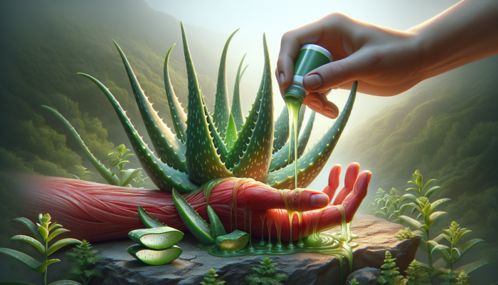 Herbs to Alleviate Skin Inflammation: Aloe vera gel being applied to soothe red, irritated skin in a natural setting.