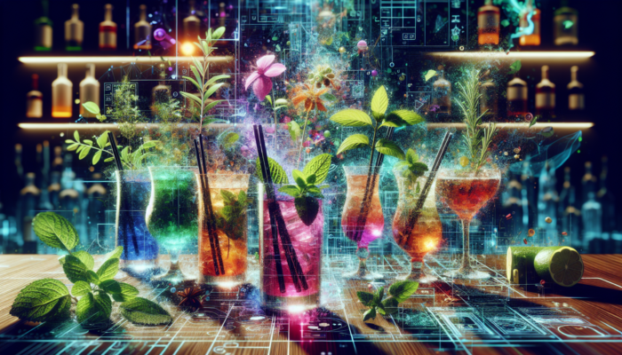 Herbal Cocktails for Wellness: A vibrant bar scene with herb-infused cocktails, showcasing mint, basil, and rosemary.