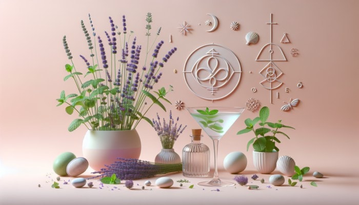 A still life of mint, lavender, chamomile, cocktail glasses, and wellness symbols on a pastel background.