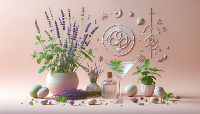 A still life of mint, lavender, chamomile, cocktail glasses, and wellness symbols on a pastel background.