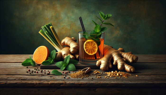 Ginger root, peppermint leaves, fennel seeds, and a ginger-infused cocktail on a rustic wooden table.