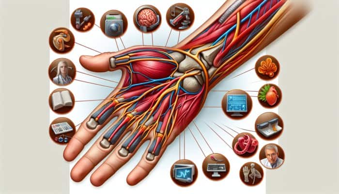 Anatomical illustration of wrist with carpal tunnel syndrome, showing nerve compression and related risk factors.