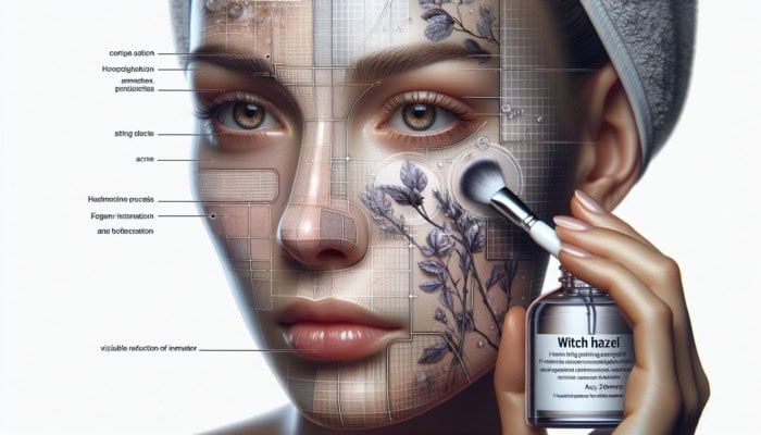 A person applying herbal toner with witch hazel to face, reducing inflammation and pore size for acne management.