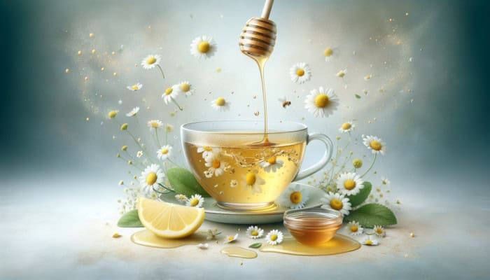 Herbal Tea Recipes: A serene cup of chamomile tea with floating flowers, honey drizzle, and a lemon slice on a calming background.