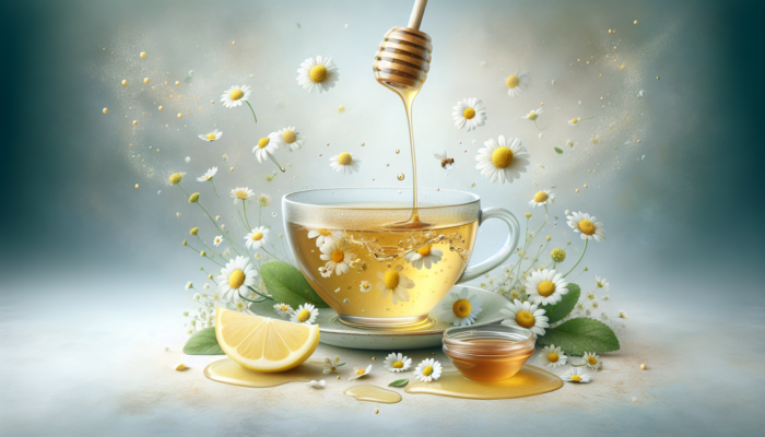 Herbal Tea Recipes: A serene cup of chamomile tea with floating flowers, honey drizzle, and a lemon slice on a calming background.