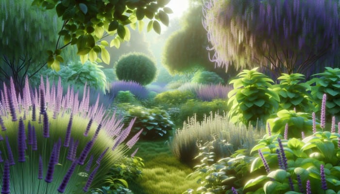 How to Use Herbs in Aromatherapy: A serene garden with lavender for calming and sleep, and peppermint for invigoration and focus.