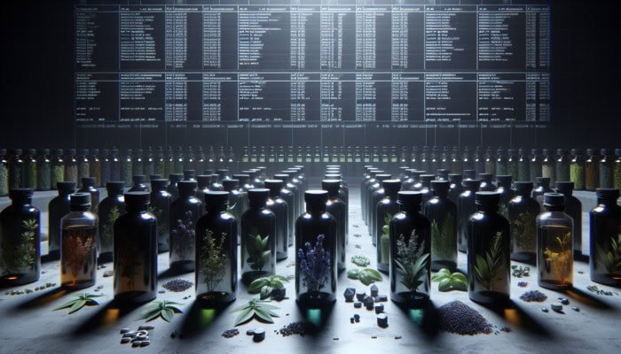 Dark glass bottles with herbal oils, labeled, in a cool, dark place, showing different colors and consistencies.