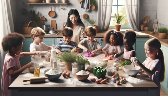 DIY Herbal Crafts for Kids: Children mixing flour, salt, water, and herbs like thyme, basil, parsley into colorful homemade playdough.