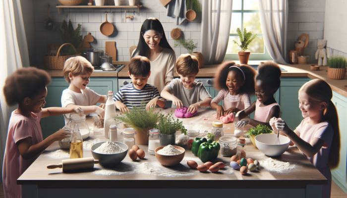 DIY Herbal Crafts for Kids: Children mixing flour, salt, water, and herbs like thyme, basil, parsley into colorful homemade playdough.