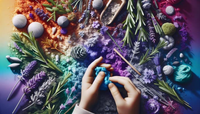 A child's hands choosing lavender and rosemary from a sensory garden for playdough, connecting with nature.