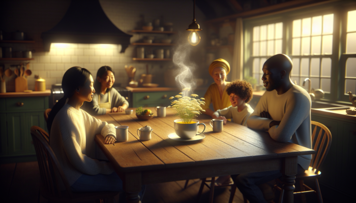 Herbal Recipes: A steaming cup of chamomile tea on a wooden table in a cozy UK kitchen, surrounded by a relaxed family.