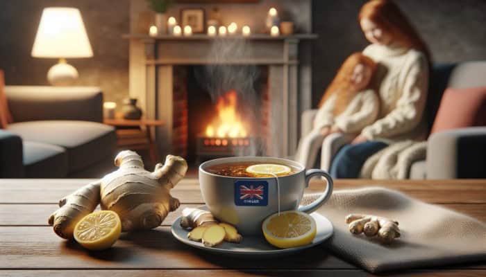 A steaming cup of ginger tea with ginger and lemon slices, in a cozy UK family setting by a fireplace.