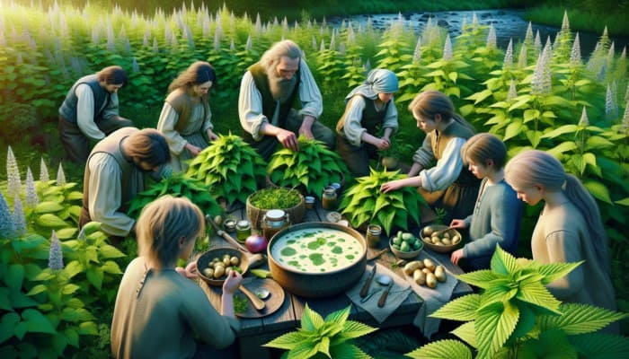 Family foraging for nettles in a spring meadow, cooking a creamy, nutritious soup with potatoes and onions.