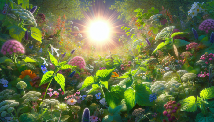 Seasonal Herbal Strategies: A vibrant UK spring landscape with flourishing nettles and blooming herbs under a warm sun, symbolizing rejuvenation and vitality.