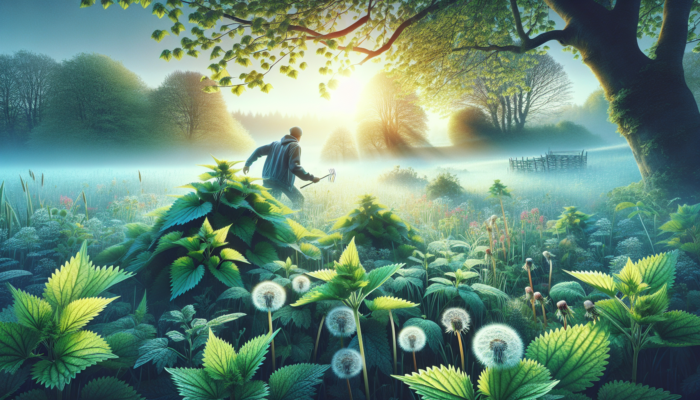 UK spring landscape with person harvesting nettle and dandelion, symbolizing vitality.