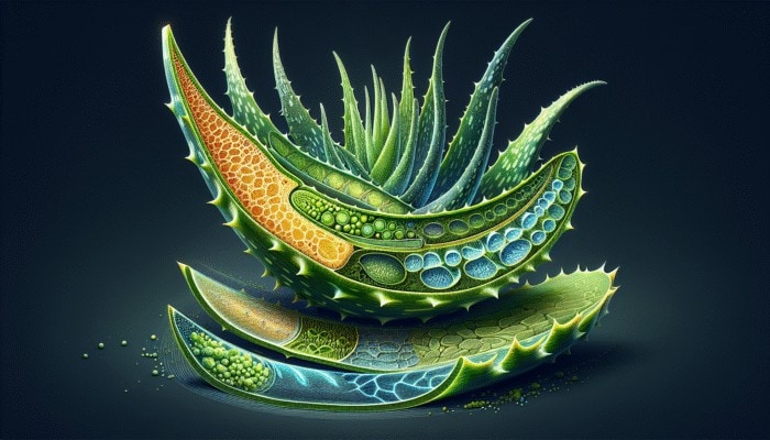 How Aloe Vera Heals Burns: A cross-section of an aloe vera leaf showing acemannan and aloin's healing effects on skin.