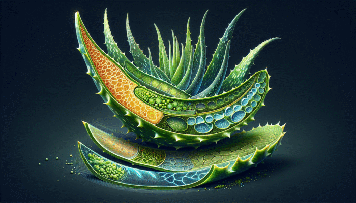 How Aloe Vera Heals Burns: A cross-section of an aloe vera leaf showing acemannan and aloin's healing effects on skin.