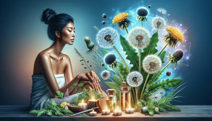 A person in a spa surrounded by detoxifying herbs, glowing with vibrant energy and vitality.