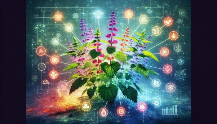A garden scene with glowing nettle plants and symbols of vitamins and minerals aiding blood sugar control.