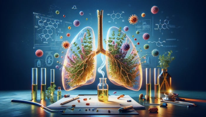 Thyme for Respiratory Health: Illustration of thyme sprigs emitting antimicrobial oils, fighting respiratory pathogens, with a healthy lung background.