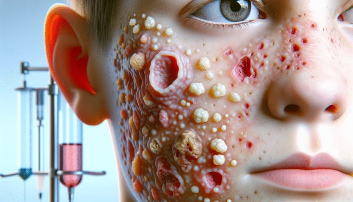 Close-up of teenage skin showing various acne types like blackheads, whiteheads, cysts, and nodules on a clinical background.