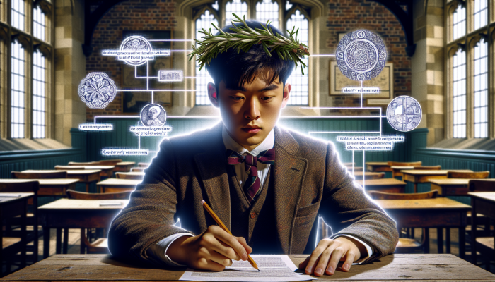 Herbs to Boost Mental Clarity: A student with rosemary during an exam in a UK classroom, surrounded by folklore symbols, focused.