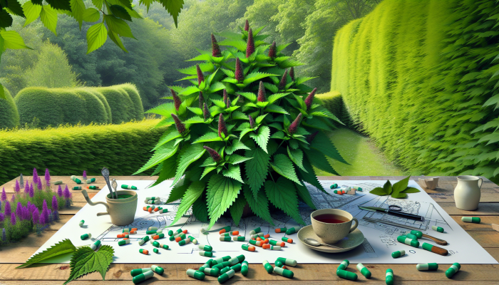 Lush UK garden with vibrant green nettles among hedgerows, tea cups, and capsules for joint health.