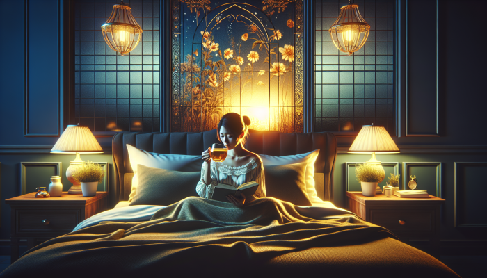 Benefits Of Chamomile For Sleep: A person in a cozy British bedroom at night, sipping chamomile tea and reading a book.