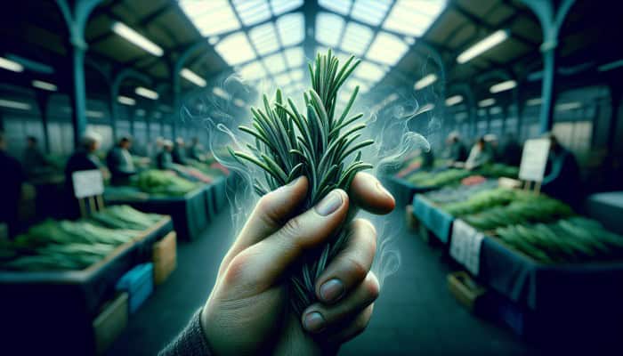 How to Cook with Rosemary: Vibrant green rosemary sprigs at a UK market, showcasing freshness and quality through their strong aroma.