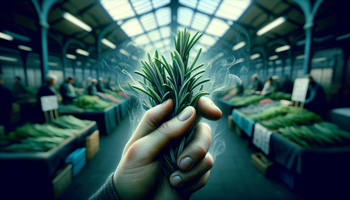 How to Cook with Rosemary: Vibrant green rosemary sprigs at a UK market, showcasing freshness and quality through their strong aroma.