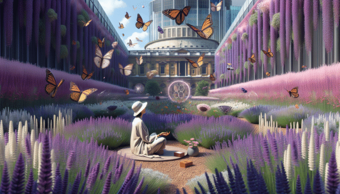 How Herbs Support Mindfulness: A serene British garden with vibrant purple lavender, bees, butterflies, and a person tending plants, promoting relaxation.