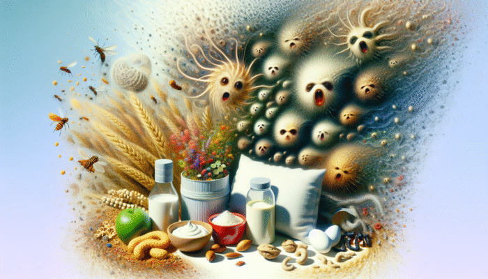 Safe Herbal Use for Allergies: swirling pollen, dust mites in bedding, and common food allergens on a table.