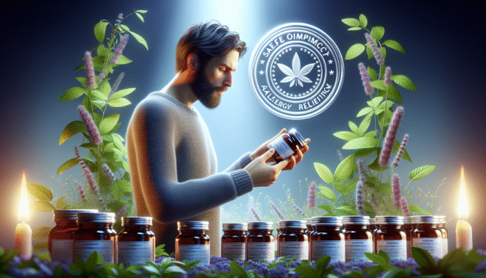 A UK consumer checks herbal allergy relief product labels for safety compliance, with herbs and a safety seal.